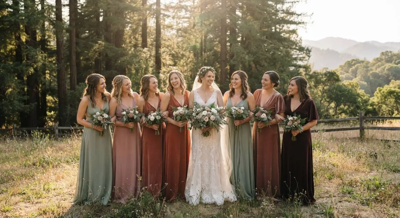 Bride with her bridesmaids among the redwoods