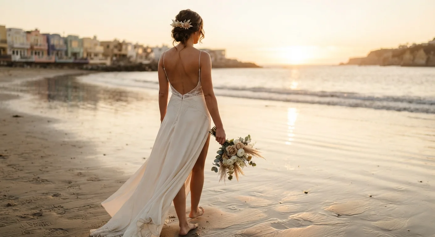Bride in an open-back gown walking the shoreline at sunset on the Santa Cruz County coast