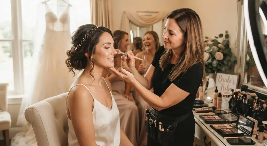 Makeup artist working with a bride on her wedding morning