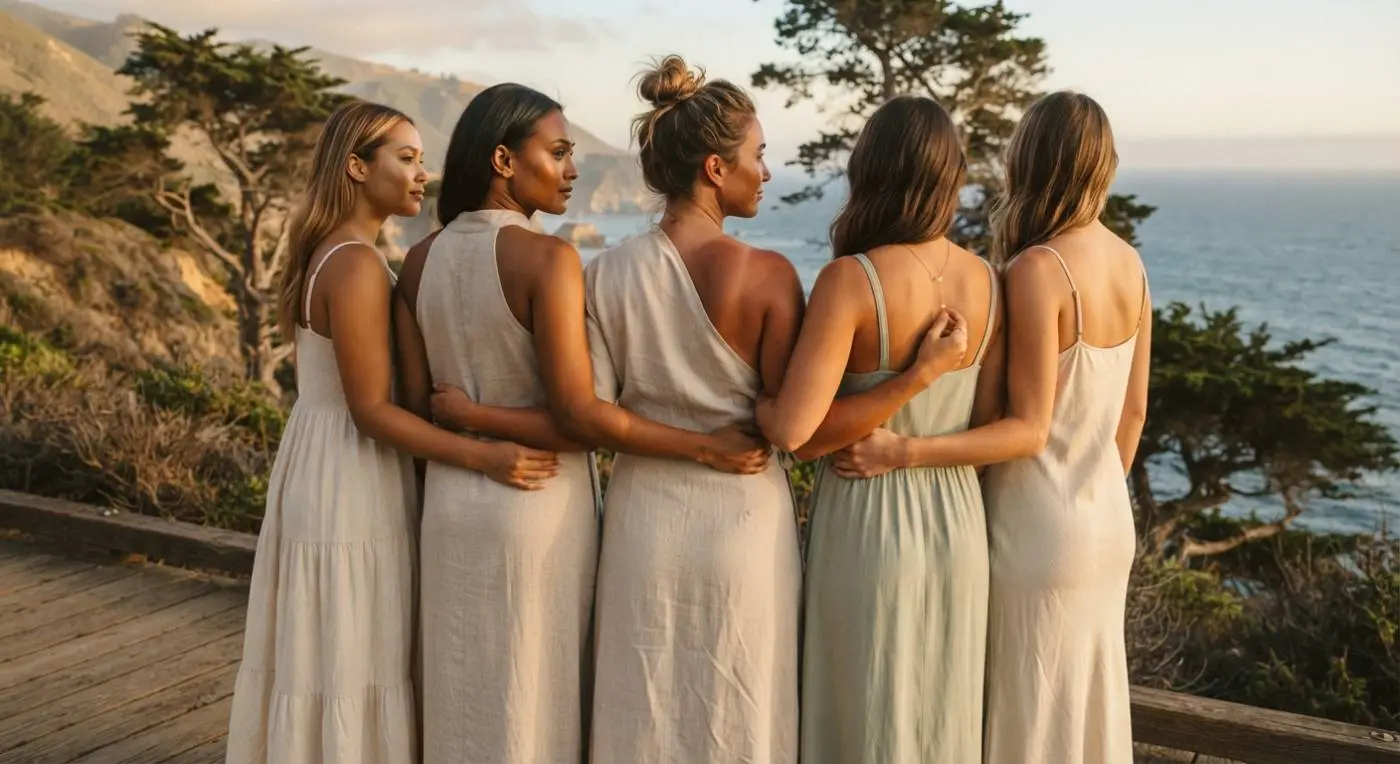 Bridal party in linen dresses overlooking the coast